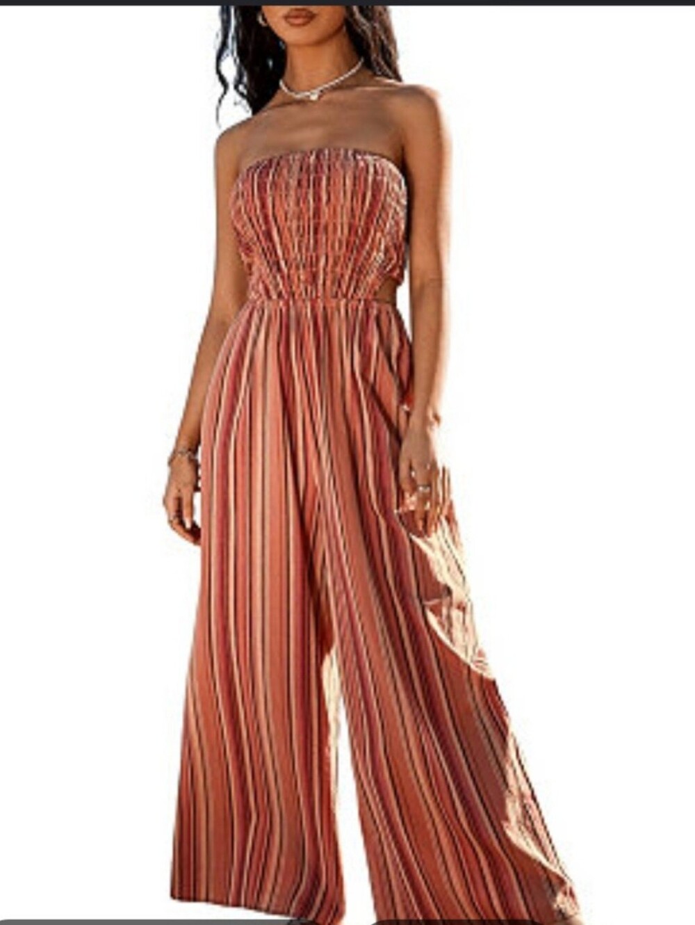 No Boundaries Strapless Wide-Leg Jumpsuit in Rust Multi-Stripe Size Medium